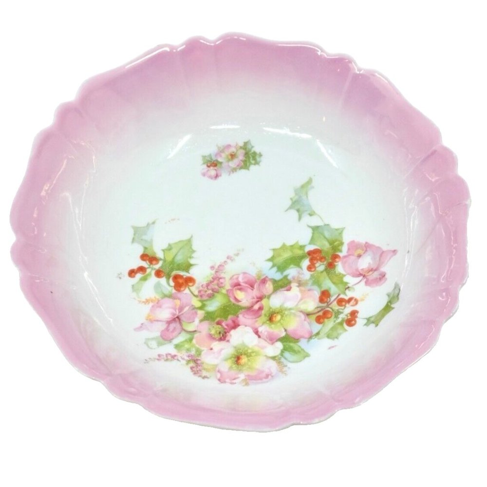 Antique 1920’s White Porcelain 8” Bowl with Pink Border and Centered Flowers
